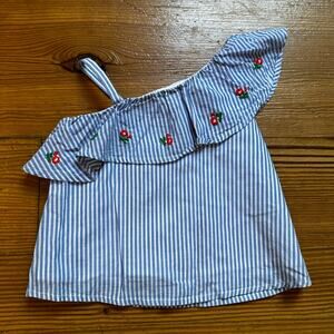 Janie and Jack blue white striped offshoulder floral embroidered shirt SIZE6-12M